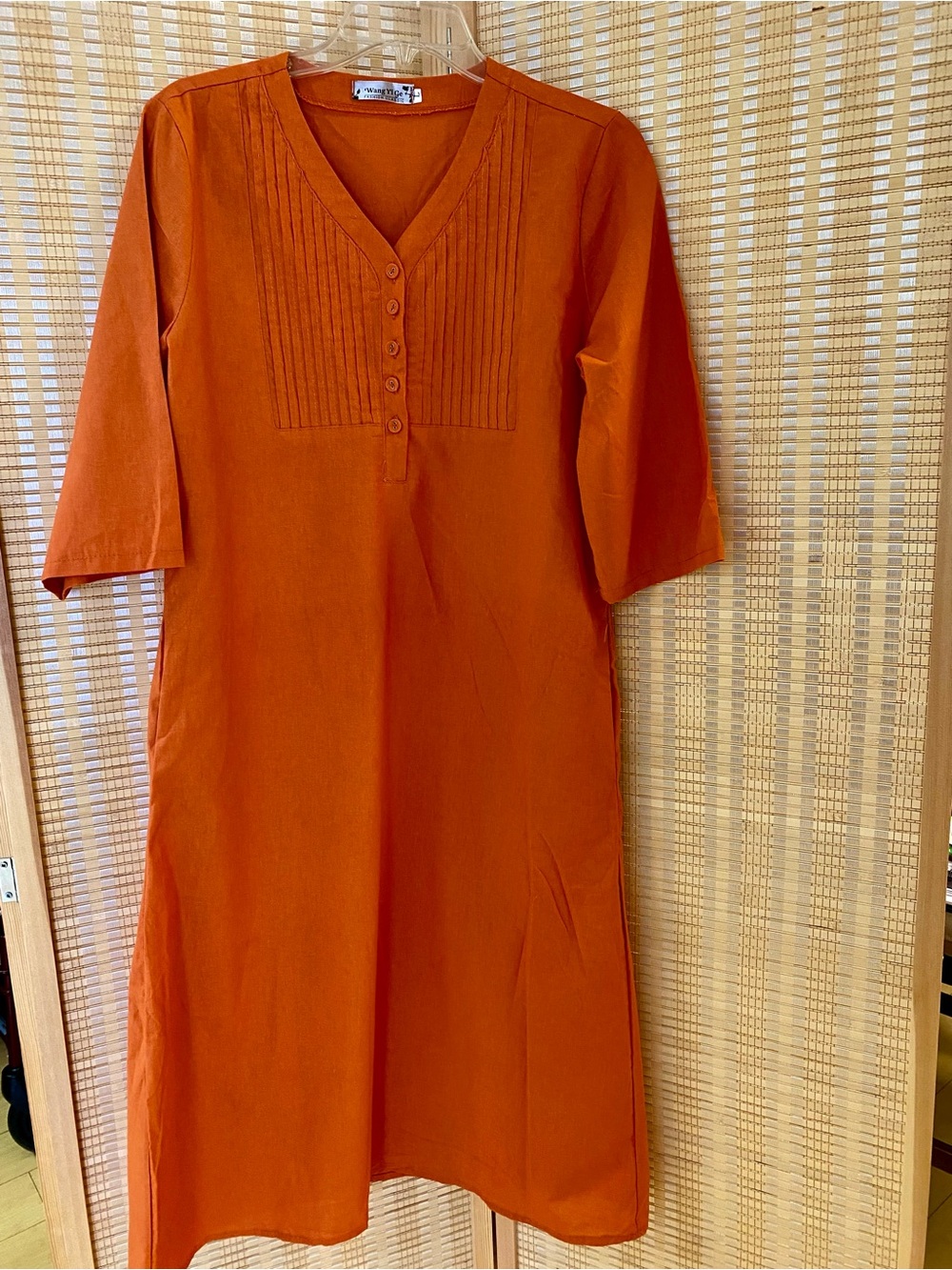 Coral V-Neck Button Tunic Dress, Linen/Cotton, Medium